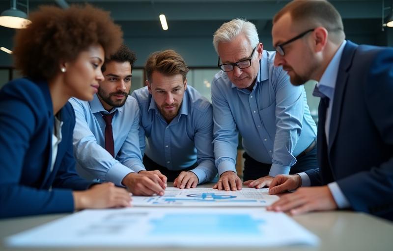 Diverse team of engineers reviewing network plans for ItalConnect Solutions